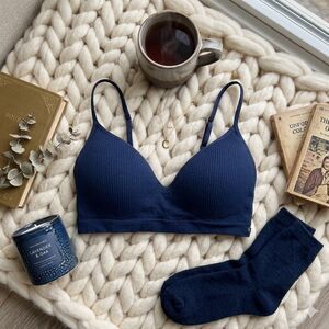 Lucky Brand Ribbed Bralette Bra Blue Size 36C Wireless Comfort Lounge Bra